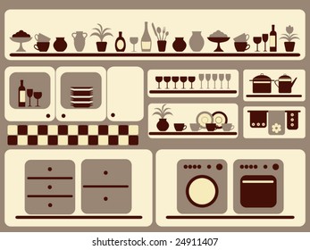 Kitchen ware and home objects set. Vector illustration. Gray version.