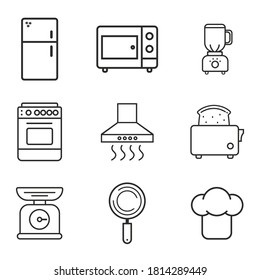 Kitchen ware icons set. Line art kitchen equipment, on white background. Trendy design, vector illustration.