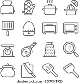 Kitchen ware icons set vector illustration. Contains such icon as Knife, Orange squeeze, Pan, Timer and more. Expanded Stroke