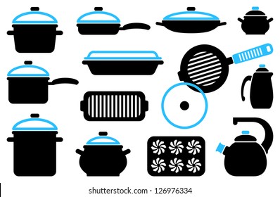 Kitchen ware: pans, frying pans, pots, teapots and another