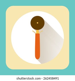 Kitchen ware pizza slicer wheel tool. Vector flat icon with long shadow