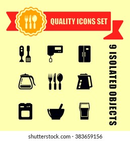 kitchen ware quality icon set with red tape