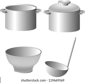 Kitchen ware set: pan, drinking bowl and ladle. Vector illustration