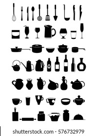  Kitchen ware and utensils icons. Black silhouette Kitchen tool vector set isolated on white background.