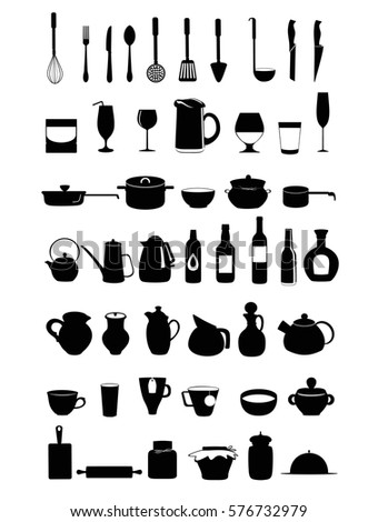  Kitchen ware and utensils icons. Black silhouette Kitchen tool vector set isolated on white background.