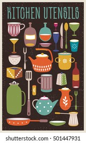 Kitchen ware. Vector utensils. Vintage objects. Vintage color poster