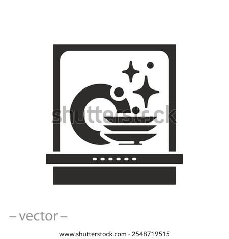 kitchen wash machine, open dishwasher with clean dishes icon, washer flat vector illustration