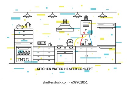 Kitchen water heater geyser vector illustration with colorful elements. Kitchen interior with domestic boiler graphic design.
