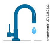 Kitchen water tap. A simple, stylized vector illustration of a kitchen or bathroom faucet with one drop of water. The concept of plumbing, water saving and household appliances