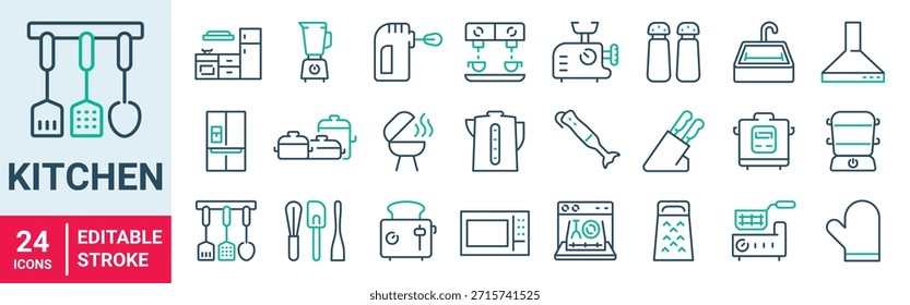 Kitchen web line icon set. Food, fork, glass, dish, blender, spices, spoon, knife and utensils. Vector illustration