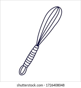 Kitchen whisk or beater in doodle style. Hand drawn vector illustration in black ink isolated on white background. 