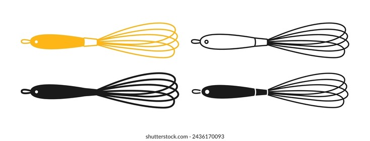 Kitchen Whisk linear icon, cartoon symbol set. Simple whisk equipment tool for mixing and whisking cooking food. Simple symbol sign, silhouettes shape for infographic, website app logo. Vector utensil