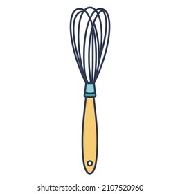 Kitchen whisk vector icon. Hand drawn color illustration isolated on white backdrop. A culinary tool for beating eggs, making sauces, desserts, baking. Concept for menu design, cafe, bakery, web, app