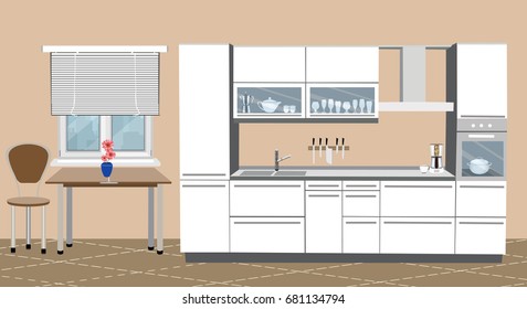 Kitchen in an white color. Furniture, stove, table, two chairs and other objects. Vector flat illustration