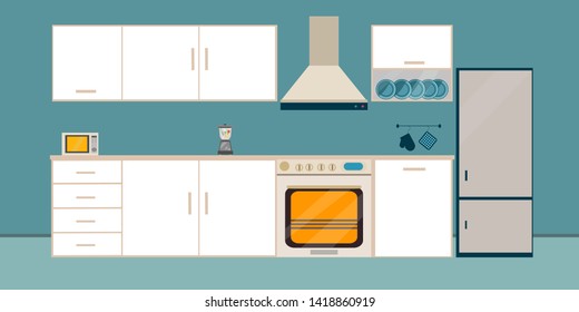 Kitchen white   interior dining flat illustration with microwave  and fringe oven refrigerator table with wood table and on blue  background