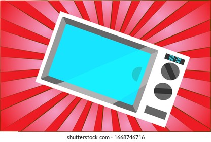 Kitchen white microwave on a background of abstract red rays. Vector illustration.