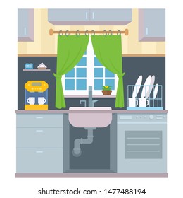 Kitchen with window over the sink. Front view of the house interior part. Wall cabinets, dishwasher, coffee machine, dish dryer, flowerpot. Vector cartoon flat style illustration.