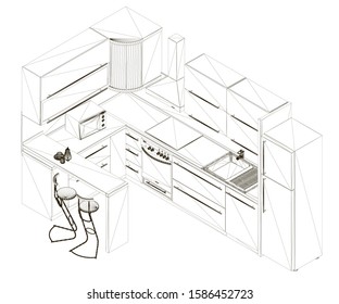 Kitchen wireframe from black lines on a white background. The contour of the kitchen with fittings. View isometric. 3D. Vector illustration