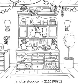 Kitchen witches cupboard with books, cups, plates.  Hand drawn coloring page.