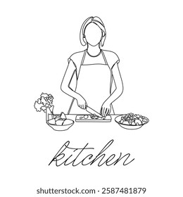 In the kitchen, a woman is cutting vegetables and preparing a healthy meal. A simple atmosphere is created in a continuous drawing style.