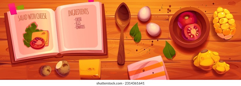 Kitchen wood table top view with recipe cookbook vector background. Home healthy cooking ingredients on board above interior. Housewife preparation for instructions with corn, cheese and patisson