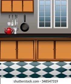 Kitchen with wooden cabinet illustration