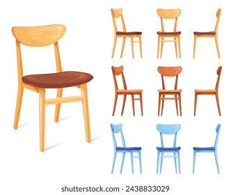 Kitchen wooden chairs. Cartoon wood chair, dining furniture antique carved seats outdoor restaurant dinner, traditional old country seat, isolated clipart neat vector illustration of chair kitchen