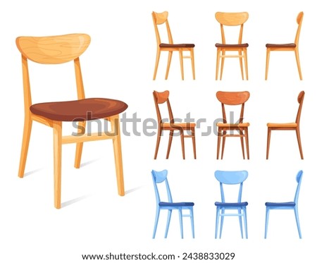 Kitchen wooden chairs. Cartoon wood chair, dining furniture antique carved seats outdoor restaurant dinner, traditional old country seat, isolated clipart neat vector illustration of chair kitchen