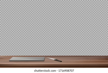 Kitchen wooden table with steel cutting board and knife. Vector realistic illustration of empty clean countertop surface with plank for cut food top view isolated on transparent background