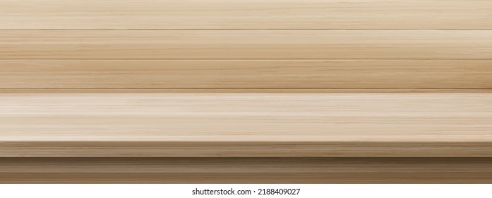 Kitchen wooden table top on background of plank wall. Empty bar counter, desk or shelf from light wood board and wall surface from timber panels, vector realistic mockup illustration