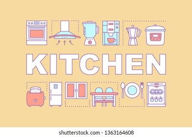 Kitchen word concepts banner. Food cooking room. Kitchen appliances. Home maintenance. Dining room. Presentation, website. Isolated lettering typography idea, linear icon. Vector outline illustration