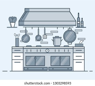 Cocina con hornillos y accesorios profesionales. Cómoda cocina para ama de casa. Deliciosa comida. Flor en una estantería. - Vector.