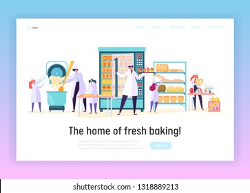 Kitchen Worker Make Bakery Product Landing Page. Happy Male and Female Chef Character Prepare Meal. Fresh Bakery Design Concept Website or Web Page. Flat Cartoon Vector Illustration