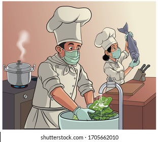 Kitchen workers prepare food while wearing masks and gloves due covid-19 pandemic - vector