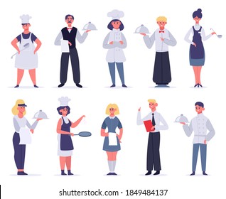 Kitchen workers. Restaurant staff characters, chef, assistants, hostess and waiter, kitchen workers cooking and serving, vector illustration set. Female and male employees in uniform