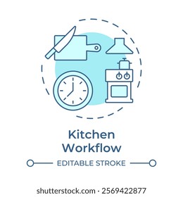 Kitchen workflow soft blue concept icon. Organized sequence of cooking tasks. Restaurant management. Round shape line illustration. Abstract idea. Graphic design. Easy to use in presentation