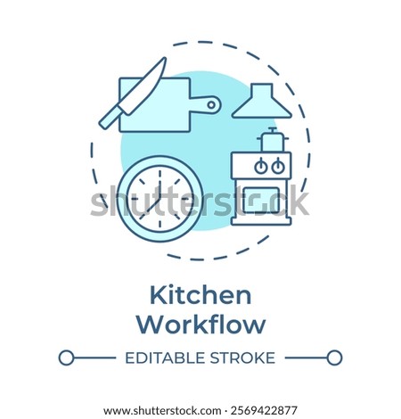 Kitchen workflow soft blue concept icon. Organized sequence of cooking tasks. Restaurant management. Round shape line illustration. Abstract idea. Graphic design. Easy to use in presentation