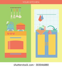Kitchen workplace in flat style. Vector set with two scenes: a stove and sink. Colorful illustration with kitchenware: kettle, pot, ladle, plate, cup, rag, spoon. Perfect for infographic, web design. 