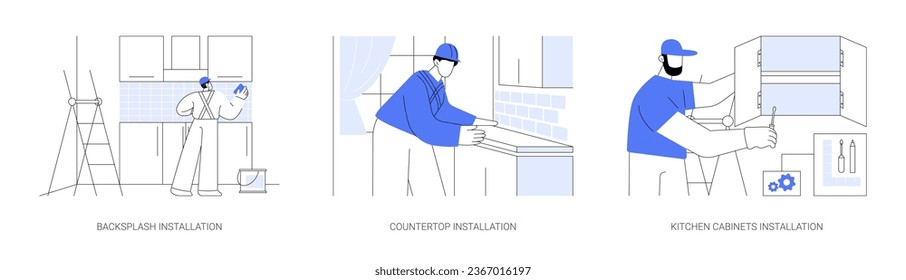 Kitchen works abstract concept vector illustration set. Backsplash installation, assembling countertop, kitchen cabinets design, interior works in private house construction abstract metaphor.