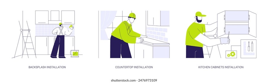 Conjunto de Ilustración vectorial de concepto abstracto de obras de cocina. Instalación de backsplash, montaje de encimera, diseño de gabinetes de cocina, trabajos interiores en construcción de casas privadas metáfora abstracta.