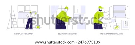 Kitchen works abstract concept vector illustration set. Backsplash installation, assembling countertop, kitchen cabinets design, interior works in private house construction abstract metaphor.