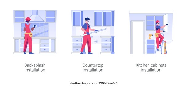 Kitchen works isolated concept vector illustration set. Backsplash installation, assembling countertop, kitchen cabinets design, interior works in private house construction vector cartoon.