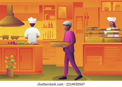 Ilustración vectorial del espacio de trabajo de cocina. Algunos chefs cocinan una variedad de comidas saludables para los clientes en cocinas totalmente equipadas, un flujo de trabajo que va desde hacer y empacar hasta entregar a los clientes.