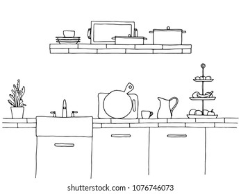 Kitchen worktop with sink. The sketch of the kitchen