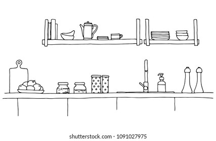Kitchen worktop with sink. The sketch of the kitchen