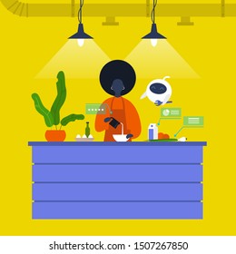 Kitchen. Young black female chief cooking food at the counter together with a robot. New technologies. Home assistant. Cafe. Loft interior. Modern lifestyle. Flat editable vector illustration