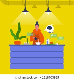 Kitchen. Young female chief cooking food at the counter together with a robot. New technologies. Home assistant. Cafe. Loft interior. Modern lifestyle. Flat editable vector illustration