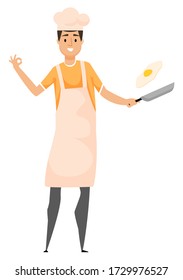 Cocinero sosteniendo una sartén frita con huevo, hombre sonriente usando gorra y freidor de delantal, vista retrato de la cocina de la persona, hobby culinario, vector casero