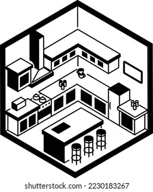 kitchenette or cook house vector color isometric icon design, compact living space symbol, Interior Decoration Sign, low poly home office rooms stock illustration, kitchen or cooking room Concept