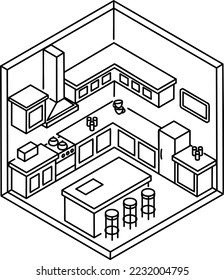 kitchenette or cook house vector outline icon design, space saving sketch, Interior Decoration Sign, portable home office rooms stock illustration, kitchen or cooking room Concept